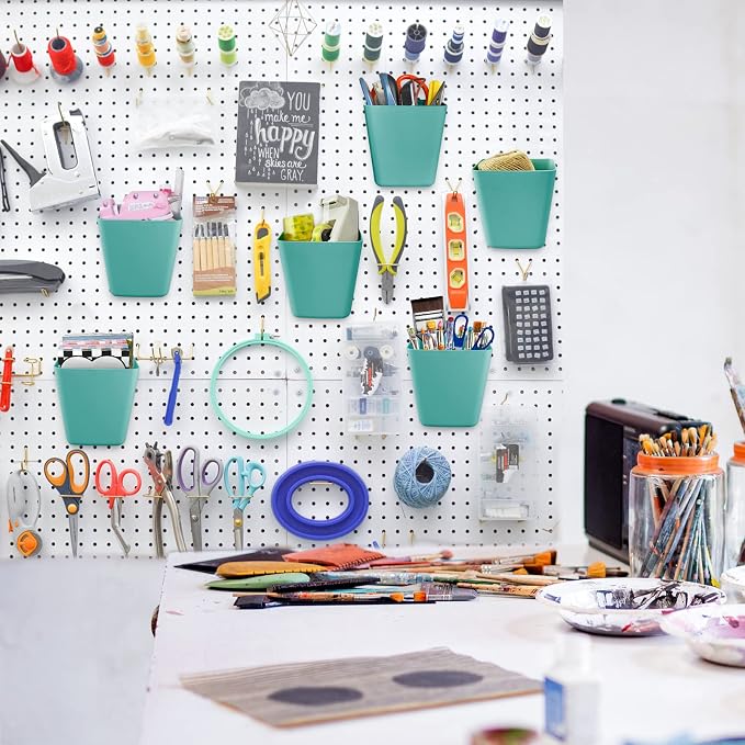 Large Pegboard Cups, 6Pack Peg Board Square Storage Bins With Hooks (Green) | Big Open-Mouth Cups, 1/8" 1/4" Pegboard Organizer Accessories, Cup Holder for Craft Garage Workbench Office Tools Supplies