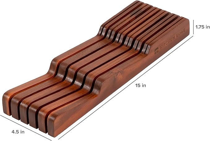 KitchenEdge In-Drawer Knife Block Holder, 11 Slots, Acacia | Fits most knife sizes, rubber feet, food-safe finish