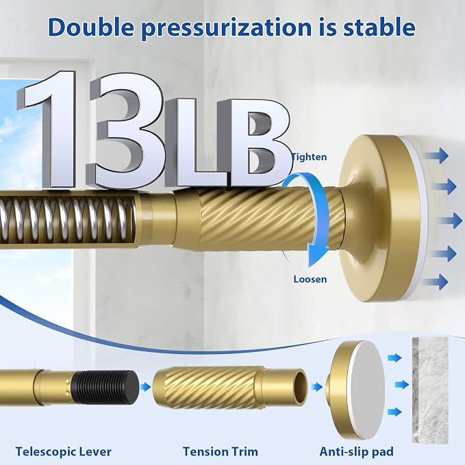 Tension Curtain Rod 32-48Inch Gold Shower Rod Tension Rod Adjustable Curtain Rods no Drilling Curtain Rods for Windows,Closets,Doorway