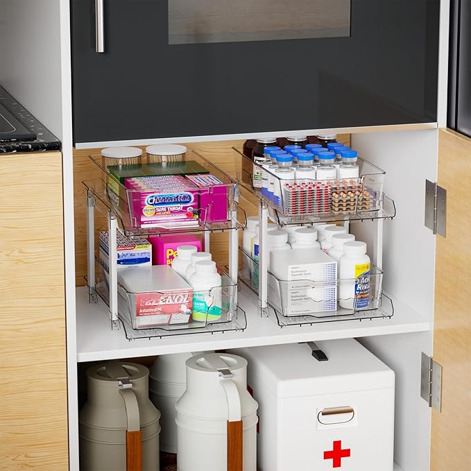Yieach 2 Pack 2 Tier Under The Sink Organizer With Track,9.8 Inch Tall Bathroom Cabinet Organizer,Clear Under Sink Pull Out organizer for Kitchen,Vanity,Counter,Vanity,Medicine,Makeup,Hair Products