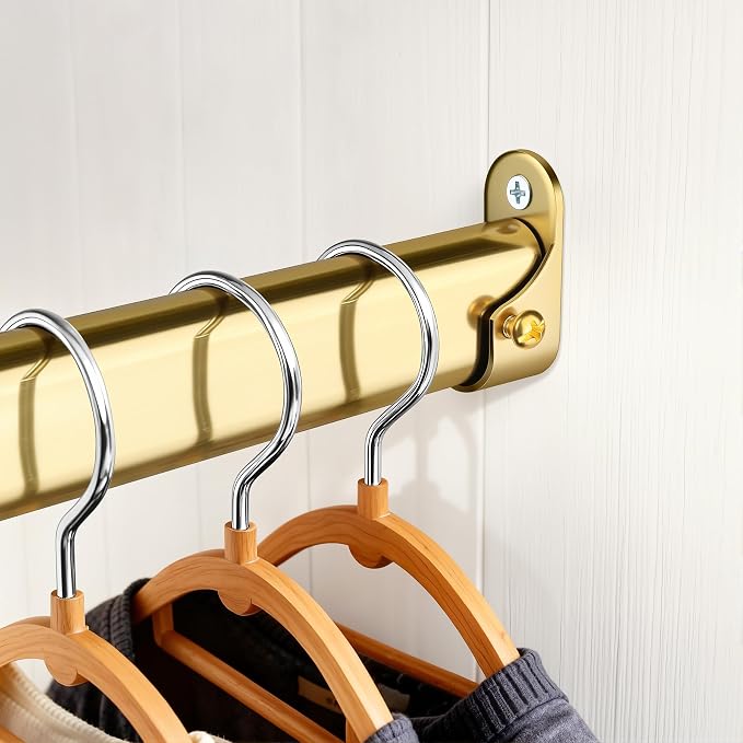 Oval Closet Rod for Hanging Clothes 18.2 to 31 Inch, Includes End Supports, Adjustable Wardrobe Tube, Heavy Duty Extendable Closet Pole, Carbon Steel, Gold