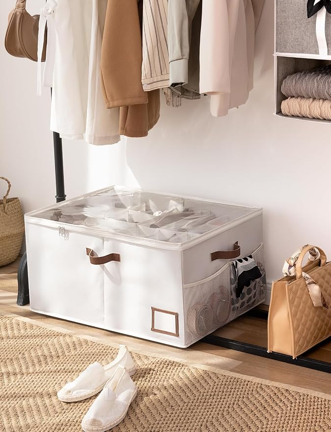 StorageWorks Large Shoe Storage for Closet, 16 Shoe Cubbies, Beige | Up to 20 Pairs, Fixed Compartments, Clear Lid, Label Window, Side Mesh Pocket, Soft Handles, Fits Flats, Sandals, For Mudroom