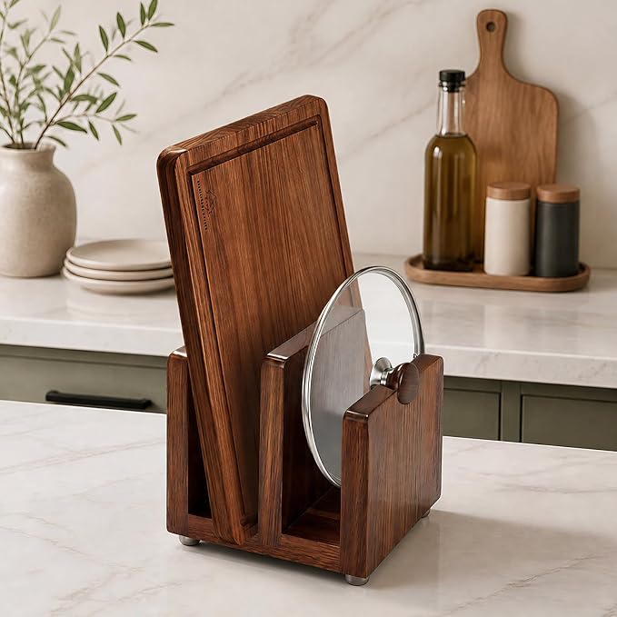 Acacia Wood Cutting Board Holder, Pot Lid Organizer Rack, Heavy Duty Wooden Storage Stand for Chopping Boards, Bakeware & Plates with Non-Slip Feet