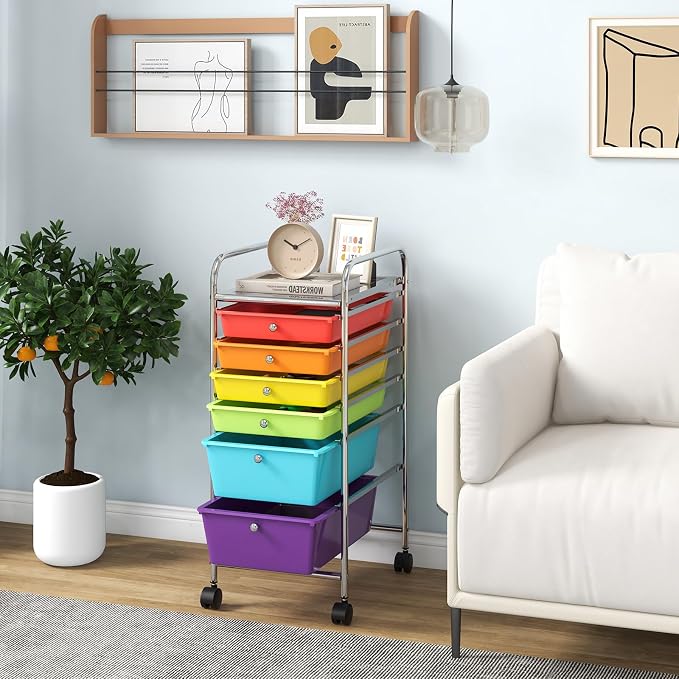 Giantex 6 Storage Drawer Cart Rolling Organizer Cart for Tools Scrapbook Paper Home Office School Multipurpose Mobile Utility Cart (Tomato, Orange, Light Green, Turquoise, Purple)