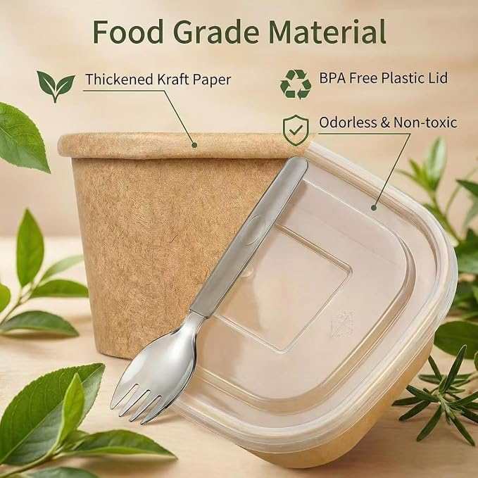 55Pcs 25.3oz Disposable Paper Bowls with Lids Meal Prep Containers | Disposable Kraft Paper Containers, Leak-Proof Microwave & Freezer Safe, for Takeout, Meal Prep, Lunch, Party