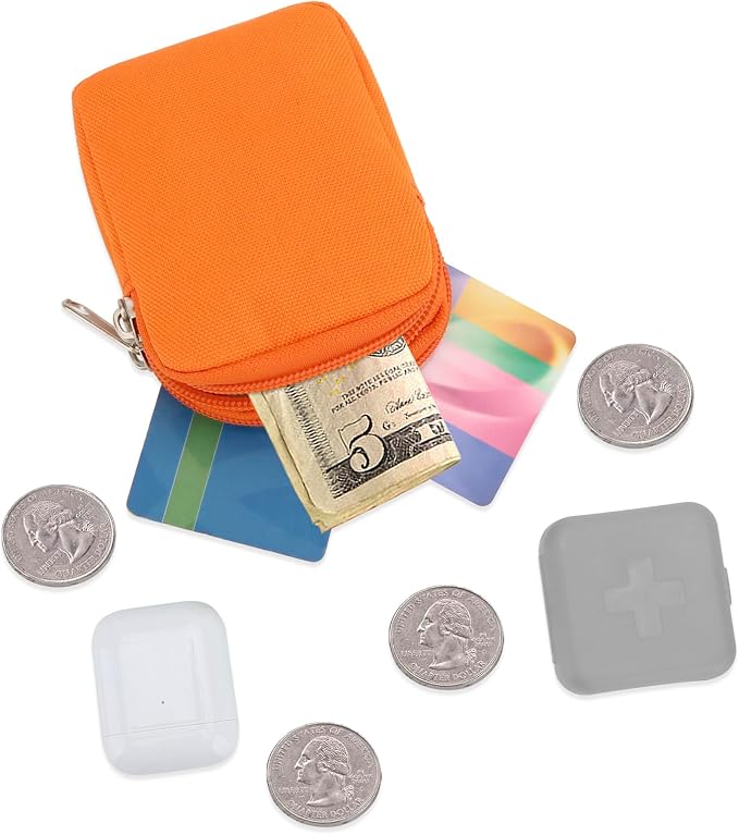 E-Tree Coin Purse with Carabiner Clip, Dual Layer Card Case Holder, Mini Pouch for AirPod Earphone Keychain USB Cable,Wallet, Small Accessories Organizer Bag for Women and Men (Orange)