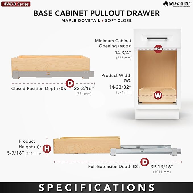 Rev-A-Shelf Standard Pullout Kitchen Cabinet Organizer and Drawer Box with Soft-Close for 18" Base and 14.75" W Cabinet Opening, Wood, 4WDB-15SC-1