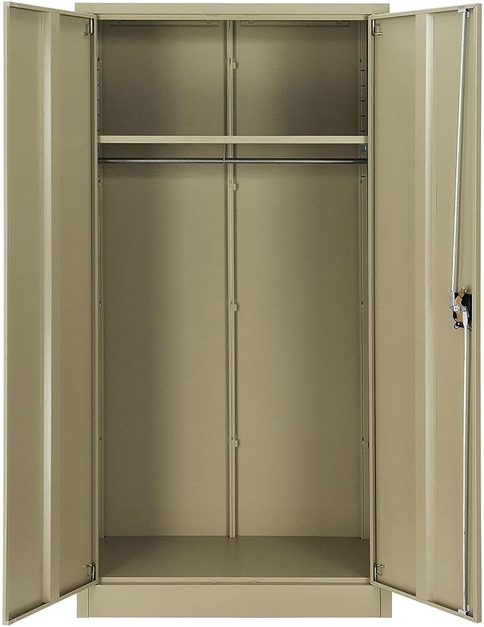 Global Industrial Wardrobe Storage Cabinet with Garment Rod, Steel Construction, Recessed Handle with Keyed Lock, 300 lbs Shelf Capacity, 36" W x 18" D x 72" H, Tan, Easy Assembly