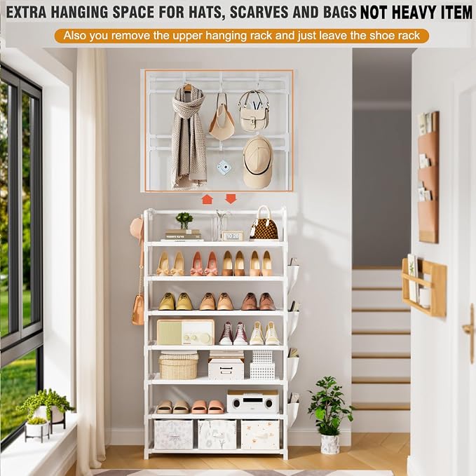 OYREL Shoe Rack 7 Tier Shoe Organizer Storage 21-28 Pairs | Closet Shoes Rack for Front Door Entrance Shoe Rack Organizer with Hooks Side Pocket Entryway Large Capacity Shoe Shelf Tower