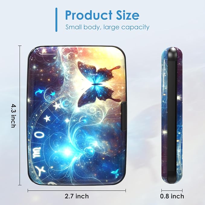 RFID Blocking Credit Card Protector, Blue Butterfly Aluminum ID Case Hard Shell Business Card Holders Metal Wallet for Men or Women