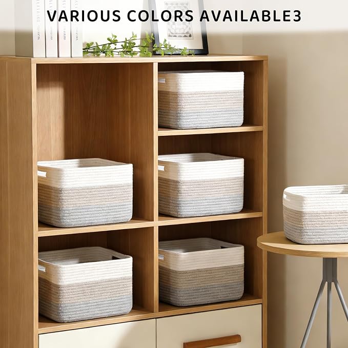 4 Pack Storage Baskets for Organizing, 11''Lx9''Wx8''H Woven Baskets for Storage Toys, Towels, Books, and Clothes, Cotton Rope Basket for Shelves with Handle White & Brown