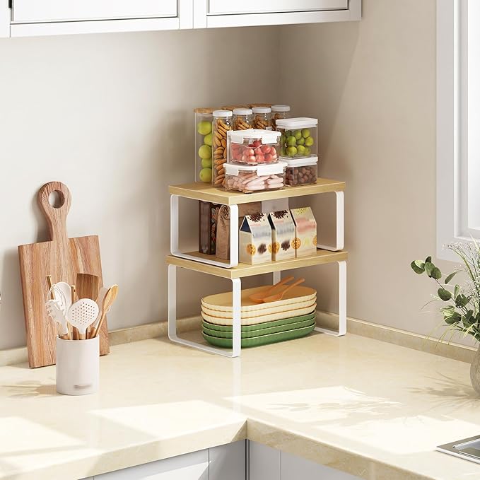 HOOBRO Cabinet Organizer Shelf, Set of 2, Kitchen Countertop Organizer, Kitchen Countertop Shelf, Spice Rack for Counter, Stackable, Expandable for Cabinet, Kitchen, Natural and White WN33TL01
