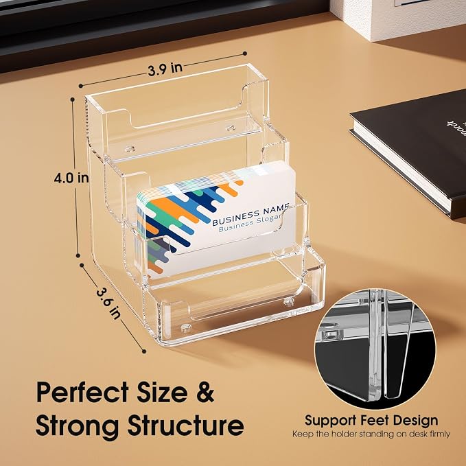 MaxGear Acrylic Business Card Holder, 320 Cards Capacity, 4 Pocket, 2 Pack | Clear Business Card Stand for Desk with 4 Tier, Clear Plastic Cards Display Holder for Exhibition, Home and Office