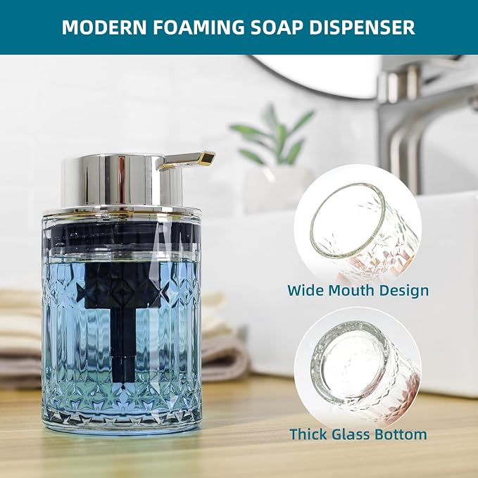 RYTOXILO Foaming Soap Dispenser, Clear Glass Foam Hand Soap Dispenser for Bathroom, Refillable 7.8 Fl Oz Foamy Pump Bottle with Plastic Sliver Pump, Modern Dish Soap Foam Dispenser Container
