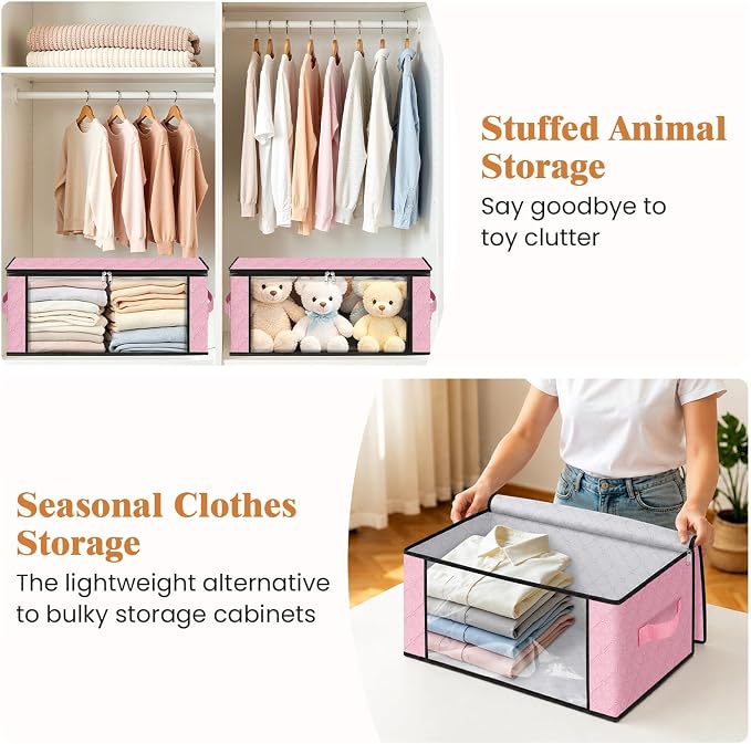 Fab totes 35L Closet Organizers and Storage, Foldable Under Bed Storage Containers, Storage bags for Organizing Bedroom, Closet, Clothing,Organization with Handle (3 Pack,Pink)