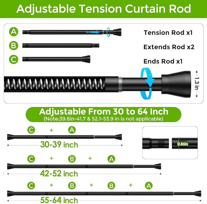 2 Pack Spring Tension Rod 33-56 Inches No Drilling Adjustable Black Spring Loaded Curtain Rod Expandable Extra Long Tension Curtain Rod for Windows,Kitchen,Doorway