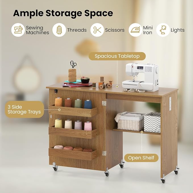 Giantex Folding Sewing Table with Charging Station, Storage Trays & Shelf | Rolling Craft Table with Lockable Wheels, Foldable Sewing Machine Cabinet Desk for Small Spaces, Dorms, Natural