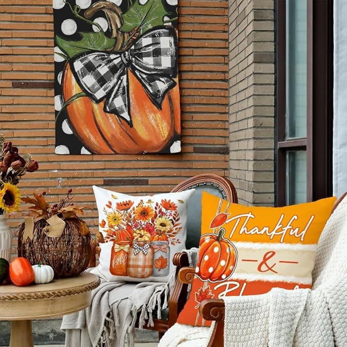 GEEORY Fall Throw Pillow Covers 18x18 Inch Set of 4, Pumpkins Floral Mason Jars Happy Fall Y'all Thankful & Blessed Orange Autumn Seasonal Decorative Farmhouse Decoration for Home G552-18