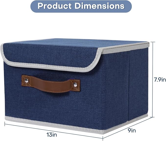 ANMINY 4PCS Storage Bin with Lid Storage Boxes with PU Leather Handles PP Plastic Board Decorative Foldable Lidded Cotton Linen Fabric Home Cubes Baskets Closet Organizer Container - Blue, Medium