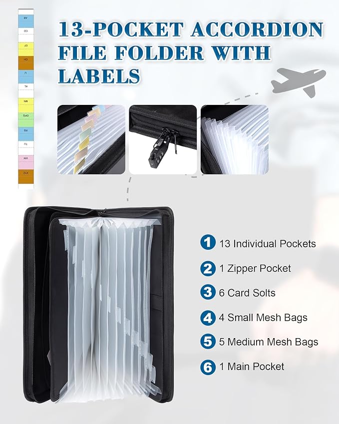 Fireproof Bag Important Document Organizer/13 Pocket Accordion File | Expanding File Folder with Labels, Safe Holder and Organizer for Birth Certificate, Paper, Receipt, Bill, etc.