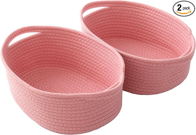 JMvicyroam Woven Basket,Small Rope Storage Bin with Handles & Ribbon Bag, Organizer for Shelves Closets,Gift Basket Empty for Birthday,Books,Dog Toys, Pink/2 Pack