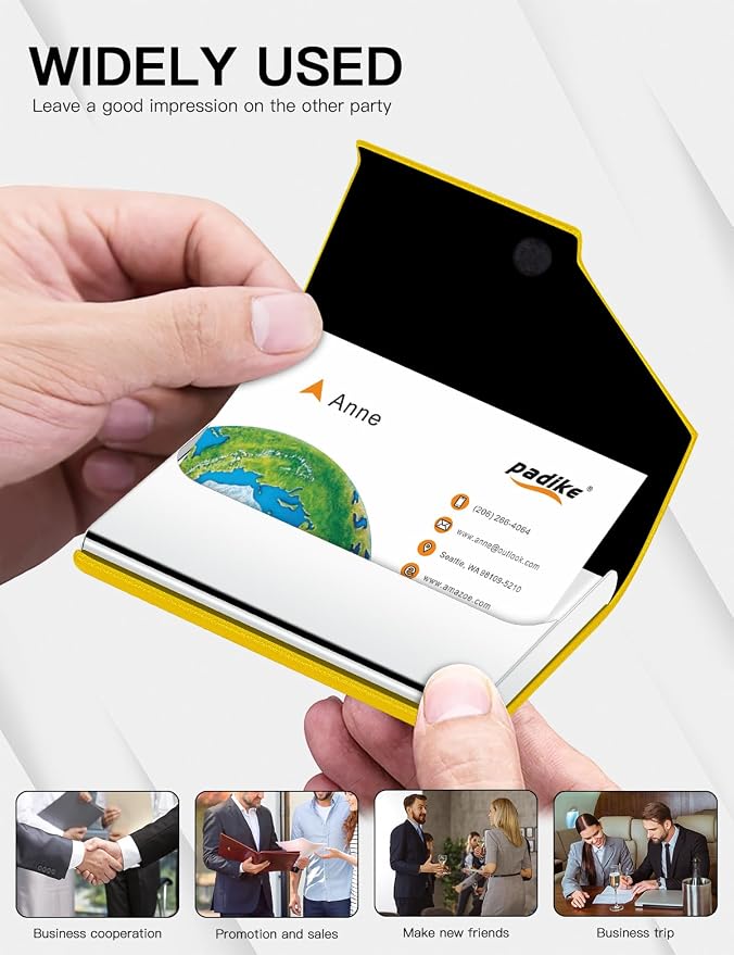 Padike Business Card Holder, Upgraded Leather Business Card Case Pocket Card Holders for Men or Women, Metal Slim Name Card Holder RFID Blocking Business Card Carrier with Magnetic Closure (Y-YE)