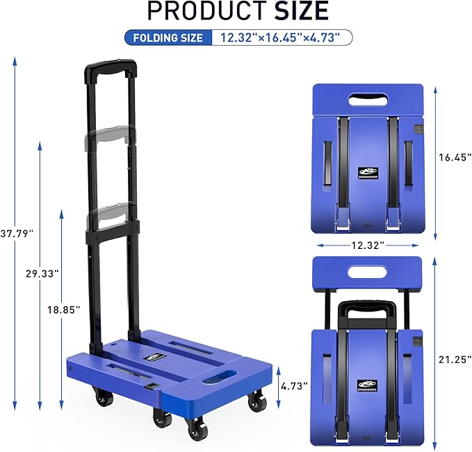 SPACEKEEPER Folding Hand Truck, 500 LB Capacity Luggage Cart, Portable Folding Dolly with 6 Wheels and 2 Elastic Ropes for Luggage, Personal, Travel, Auto, Moving and Office Use, Blue