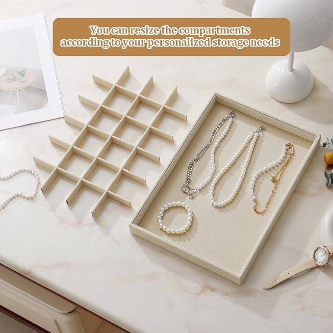 Large Stackable Jewelry Tray 4 Pack Velvet Jewelry Display Drawer Inserts Trays Organizer for Earring Bracelet Necklace Ring (Beige, 24 Grids)