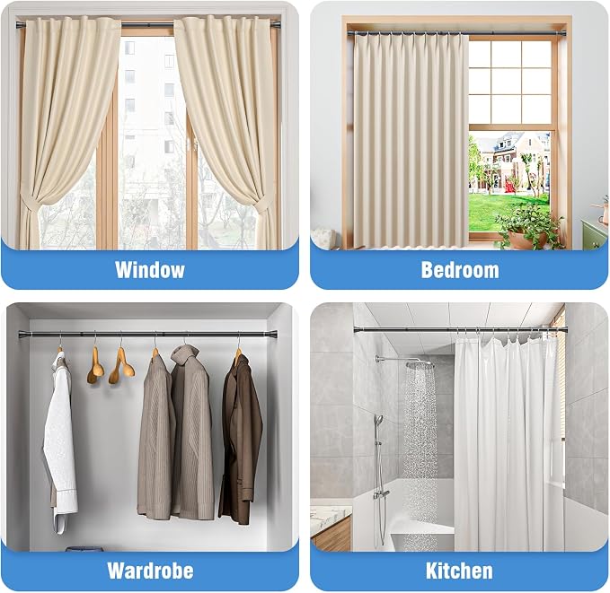 AIZESI Tension Curtain Rod for Windows 45 to 77 Inch, Adjustable Expandable Spring Curtain Rods No Drilling, Non Slip Curtain Rod for Bedroom Doorway Closet, Black