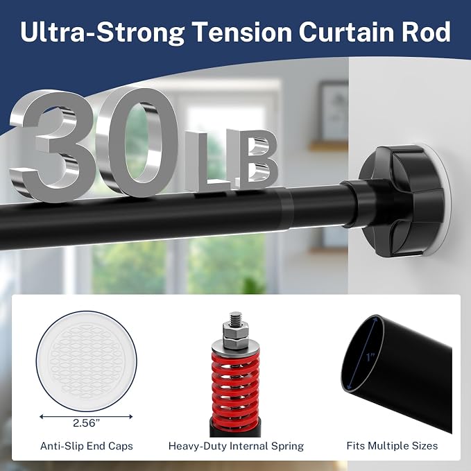 Heavy Duty Tension Shower Curtain Rod 48-94 Inch Black | Rustproof Steel, Drill-Free Mount, Adjustable Rods for Bathroom Sliding Door Patio Living Room, Non-Slip No-Tools Install