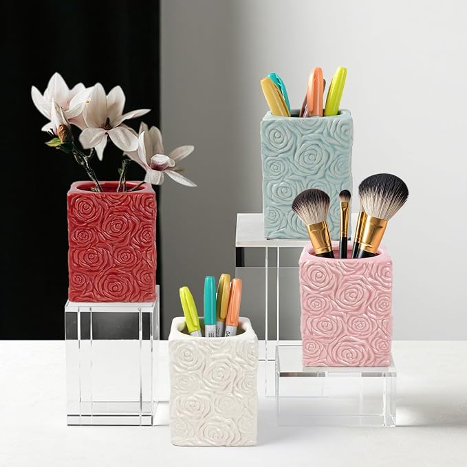 Rose Flower Pen Holder, Ceramic Sculpted Square Pencil Holder, Desk Container Office Decor, Cosmetic Brushes Organizer for Home(Blue)