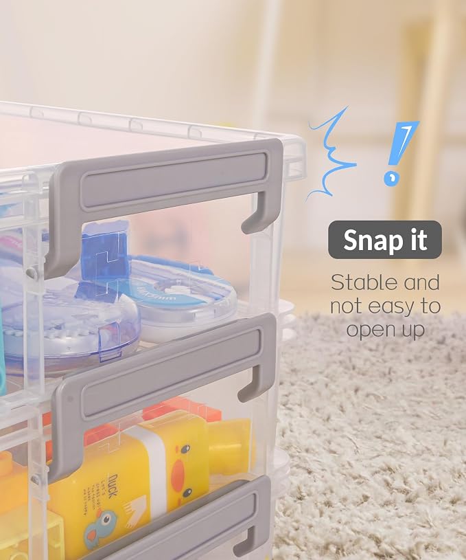 Sooez 6 Pack Small Plastic Containers with Lids, 6.4" x 4.4" x 2.7", Clear Crayon Box Pencil Pouch, Stackable Stroage Organizer for Beads Craft and Art Supplies, Storage Bins for Jewelry and Stickers