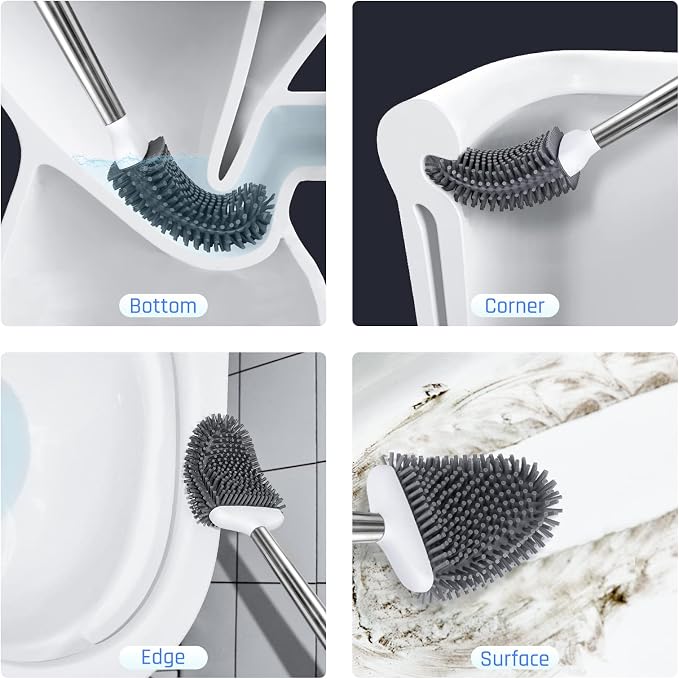 Sellemer Silicone Toilet Brush, Ventilation Slots Base Holder 1 Pack, White | Flexible Bristles Flat Head for Rim, Hair Tangle-Free, Easy to Clean, Compact Design, Rustproof Handle, for Toilet/Sink/Tub