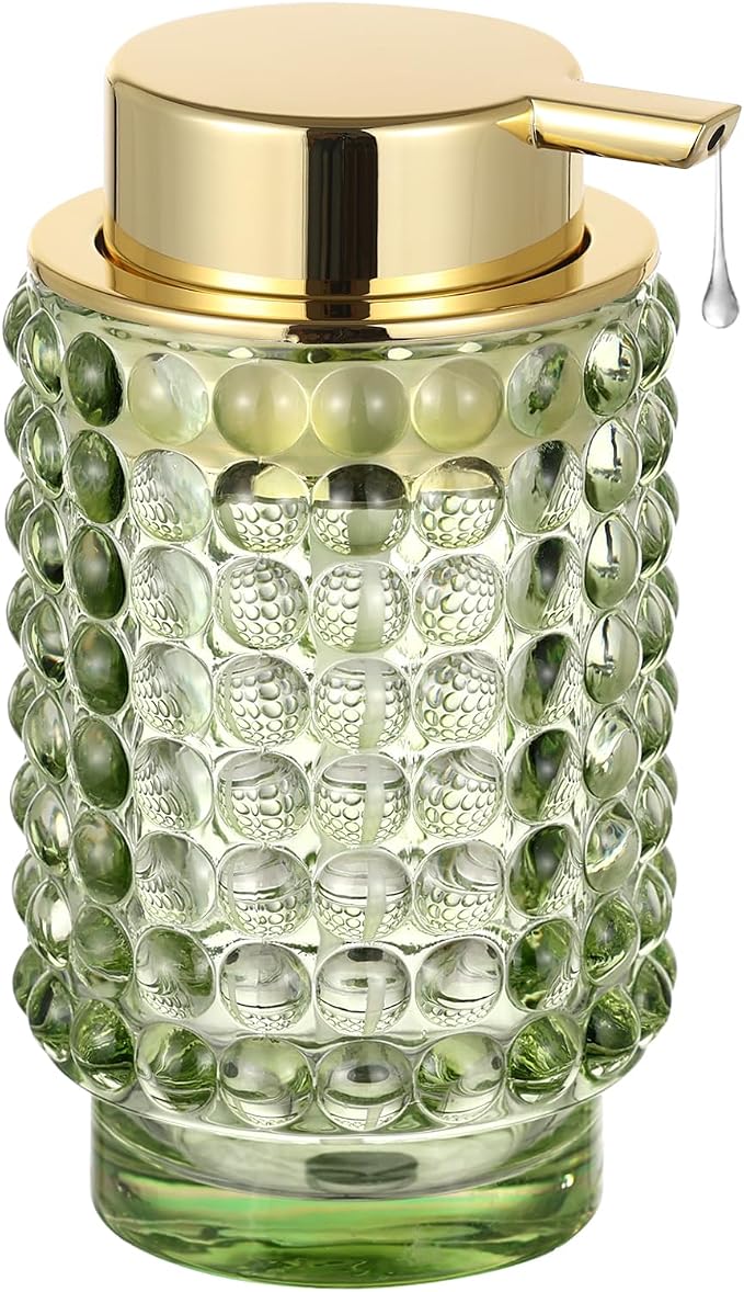 Glass Liquid Soap Dispenser, Refillable Liquid Dispenser with Gold Pump, Hand Soap Dispenser for Bathroom Kitchen, Modern Home Bathroom Decor （Liquid Type/Green）