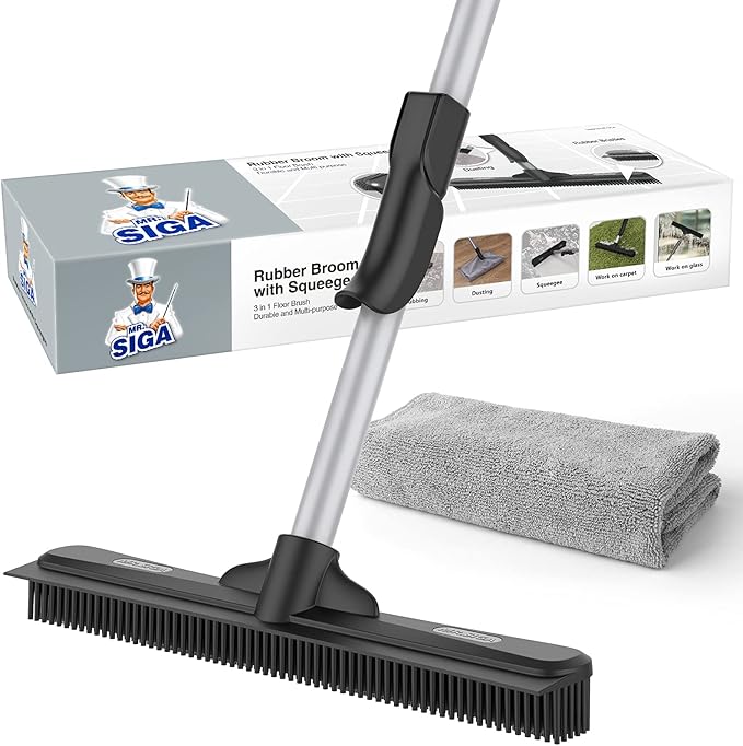 MR.SIGA Pet Hair Removal Rubber Broom with Built in Squeegee | 3 in 1 floor brush for carpet, 61 inch adjustable handle, includes 1 microfiber cloth for floor dusting