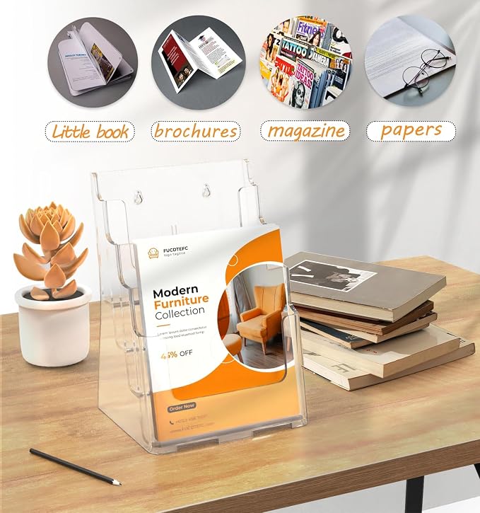FUCDTEFC Acrylic Brochure Holder 8.5x11 & 4 x9 Inches, Clear 4 Tier Magazine Holder Brochure Display Stand w Removable Divider, Literature Pamphlet Flyer Holder for Wall Mount or Countertop