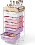 SYKIARIOL Rolling Storage Utility Cart with 5 Drawers,Craft Cart with Wheels,Makeup Organizer,Art Supply and Storage Wooden Tabletop,Purple