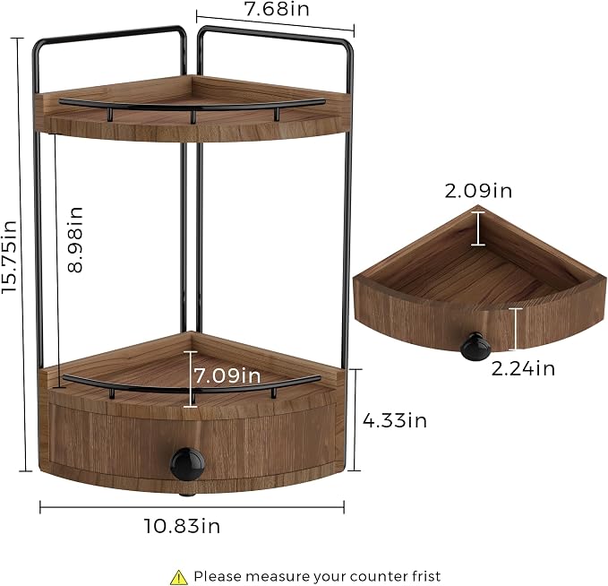 2-Tier Corner Bathroom Counter Organizer with Drawer, Dark Brown | Embedded Screw Holes, Wooden Countertop Organizers, Space-Saving, Bottom Ventilation Design, Counter Shelf for Vanity