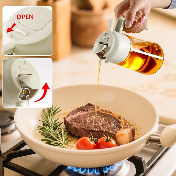 SWEET VIEW Oil Sprayer for Cooking 16oz/470ml | Glass Oil Dispenser/Pour Bottle, Kitchen Accessories, Kitchen Gadgets for Air Fryer, Salad, BBQ, with Stickers (White)
