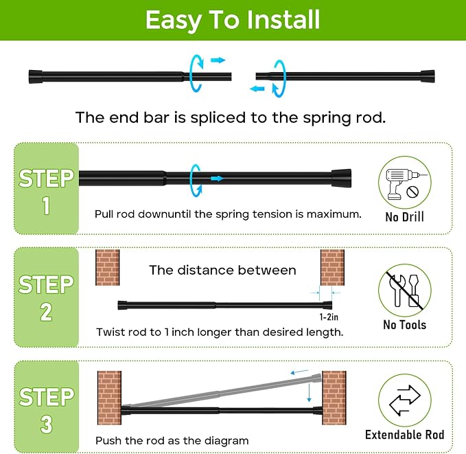 Spring Tension Rod 28-41 Inch (From 18-29 Extension to 41 Inch) No Drilling Adjustable Black Spring Loaded Curtain Rod Expandable Small Short Curtain Rod for Windows,Kitchen,Doorway