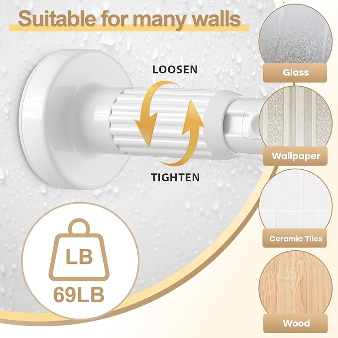 White Heavy Duty Tension Shower Curtain Rod 41-67 Inches for Bathroom, Window, Adjustable Spring Rod for Closet, Doorway, No Drilling,One-bond stretching