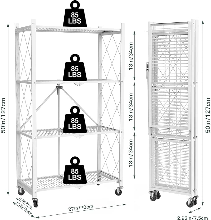 4 Tier Foldable Storage Shelves with Wheels -No Assembly Metal Folding Shelves Collapsible Shelving Unit Display Heavy Duty Rolling Shelf for Home Kitchen Office Room (White, 50" x 13" x 27")