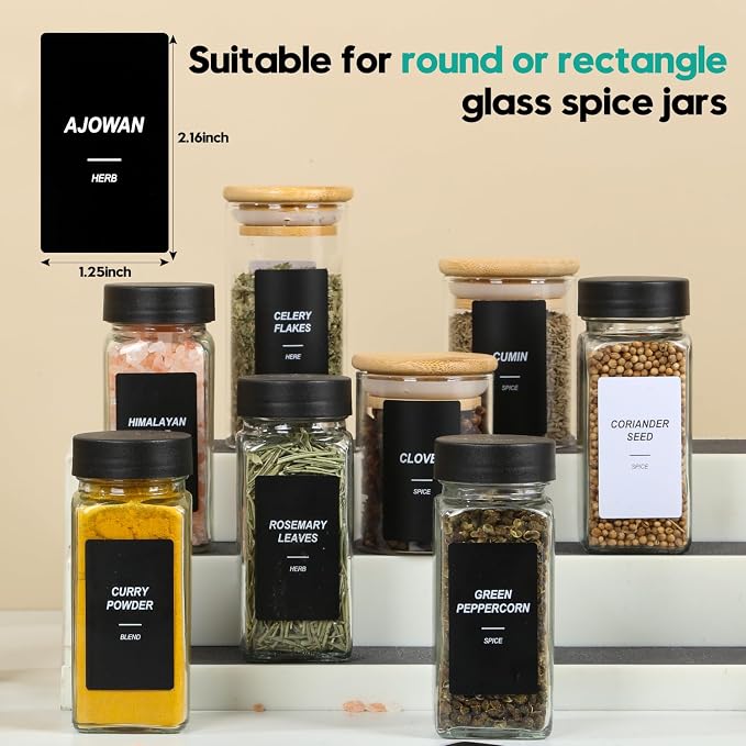 162 Spice Labels Stickers, Preprinted White Spice Jar Labels for Herbs Seasonings, Spice Rack Pantry Organization, Minimalist Black Text (Black)