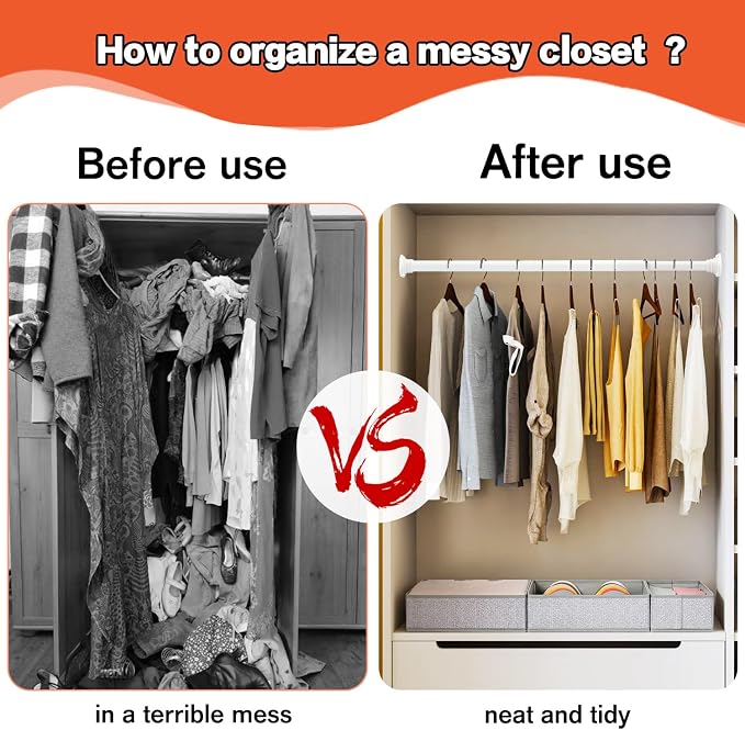 No Drilling Closet Rods for Hanging Clothes, Adjustable 30-52 in | White, Metal, Heavy Duty, Space Saving, Suitable for Wardrobes, Laundry, RV