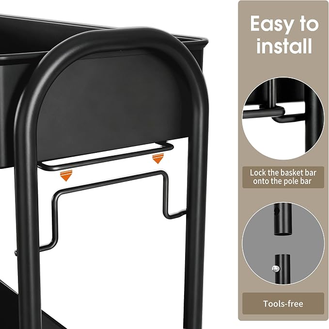 Slim Rolling Cart, Metal Frame Utility Rolling 3-Tier Narrow Storage Cart with Handle Kitchen Storage Organizer, Mobile Shelving Unit for Bathroom Kitchen