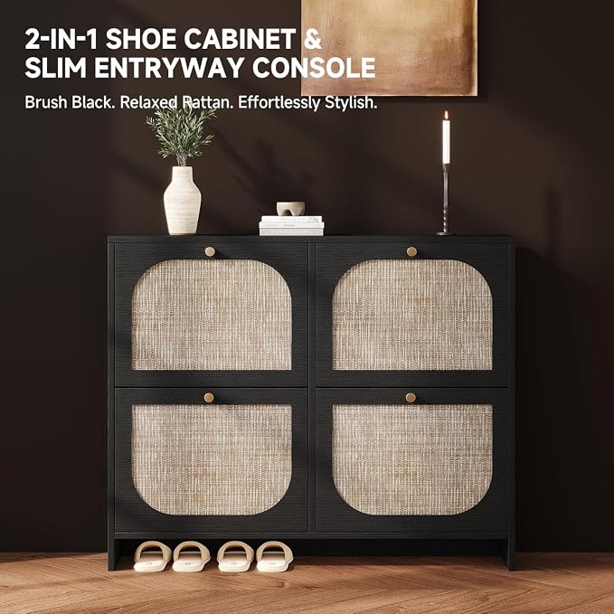 Nicetree Rattan Shoe Cabinet for Entryway, 9.5" Ultra-Thin Narrow Shoe Rack with 4 Flip Drawers, Boho Slim Shoe Storage Organizer with Adjustable Shelves, Anti-Tip Safety, Fits Size 13 Men's Boots