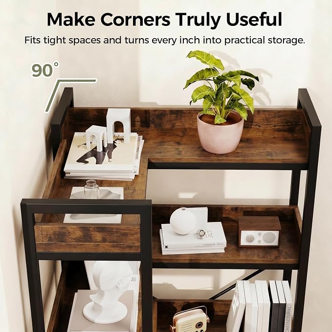 GTPLAYER 5-Tier Corner Bookshelf, L-Shaped Metal Frame Shelf with Tall 14" Shelves, Plant Stand and Storage Rack for Small Spaces, Living Room and Home Office, Brown