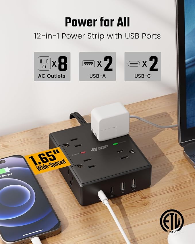 SUPERDANNY Extension Cord,Flat Plug Surge Protector Power Strip,15Ft | 8 AC & 4 USB Ports (2 USB C),Surge Protector with 1050J,Desk Charging Station for Home Office,College Dorm Room Essentials