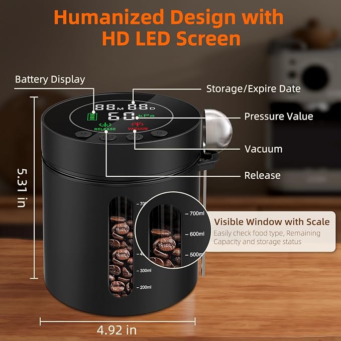 Automatic Vacuum Coffee Canister, 0.8L Coffee Container with Smart Pressure Sensor,LED Display,Window,Scoop Rechargeable Airtight Electric Coffee Bean Storage for Home Kitchen Ground Food Tea Storage
