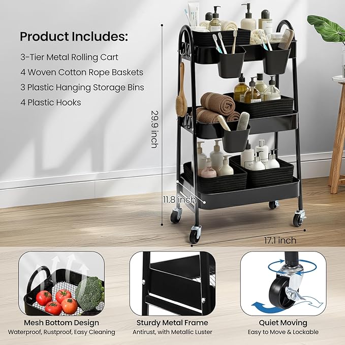 3-Tier Rolling Utility Cart with 4 Woven Baskets, Diaper Book Snack Cart, Storage Organizer for Nursery, Kitchen, Craft Room, Home SPA, Living Room, Metal Frame Trolley on Lockable Wheels, Black